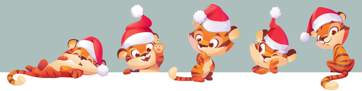 戴着圣诞帽的小老虎 各种姿势插图素材