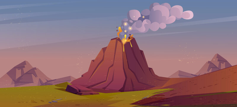 群山间喷发及冒烟的火山插图