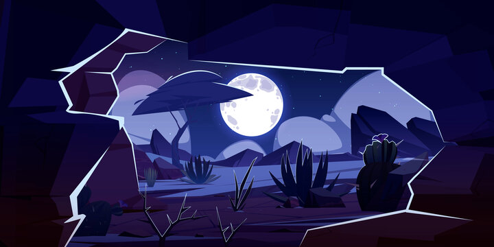 夜晚从山洞里看出去的沙漠景观插图