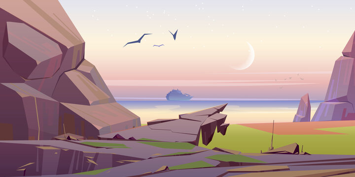 清晨的月亮与岩岸旁的海景插图