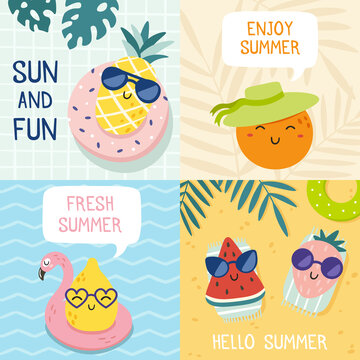 夏日热带水果卡通插图素材