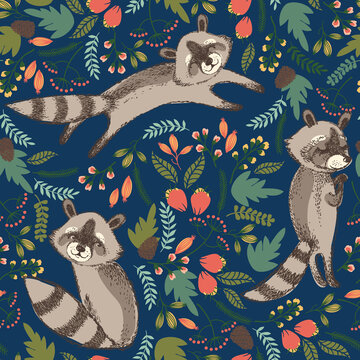 在花丛中不同姿态的浣熊插图 无缝图案
