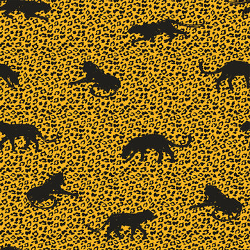 豹纹上的豹子剪影姿态插图 无缝图案