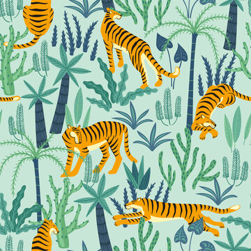 丛林中不同姿态的老虎插图 无缝图案