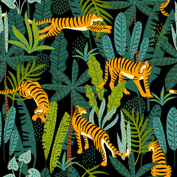 丛林里不同姿态的老虎插图 无缝图案