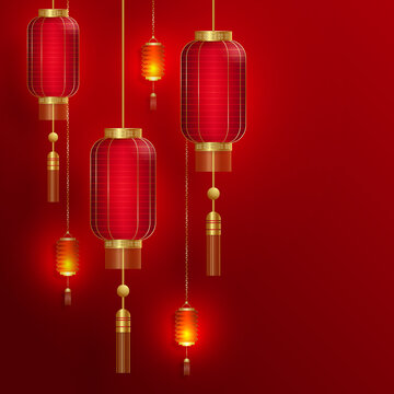 高挂发光的红灯笼 新年插图背景