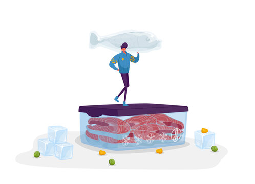 男人手拿冷冻鱼站在肉类保鲜盒上平面插图