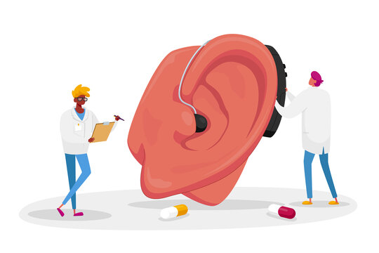医疗团队检查带助听器的巨大耳朵平面插图
