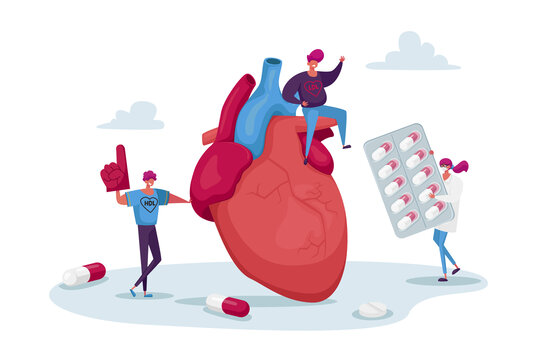测量巨大心脏的胆固醇概念 医生拿药丸插图