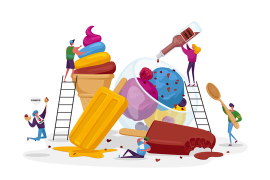 微型人物站在梯子上装饰冰淇淋平面插图
