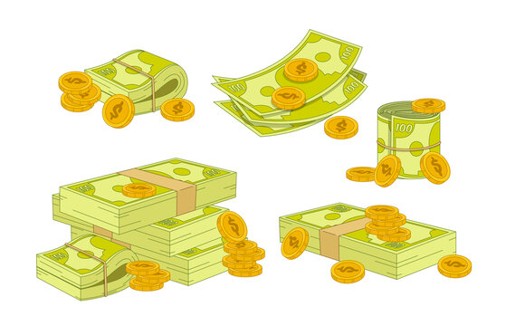 成堆的钞票和金币平面插图素材集合