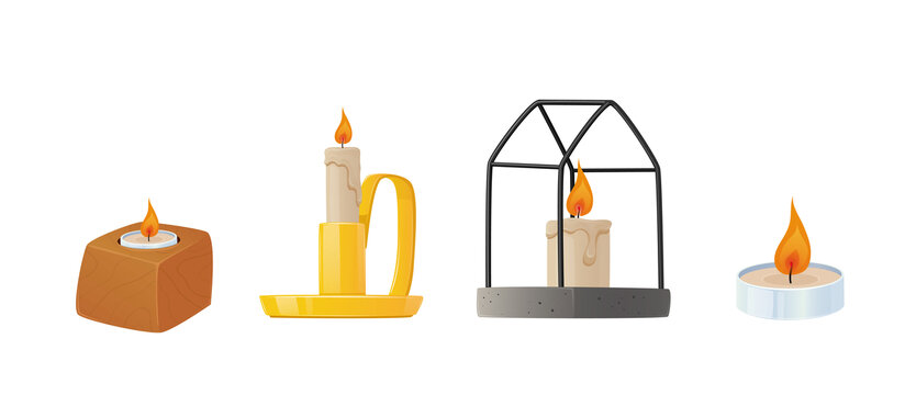 各式材质烛台上的白色蜡烛平面插图素材