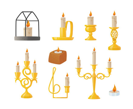 各式烛台与燃烧中的白色蜡烛平面插图素材