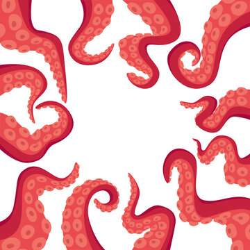 红色章鱼触手平面插图 正方形框架背景