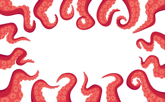 红色章鱼触手平面插图 长方形框架背景