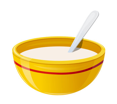 带勺子的黄色陶瓷碗装满液体 早点概念插图