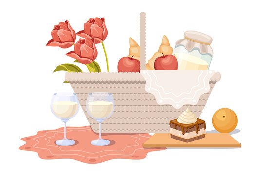 装有玫瑰花与食物的野餐篮 平面插图