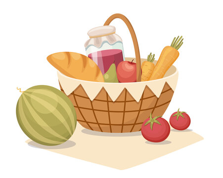 野餐篮里的蔬菜和水果 平面插图