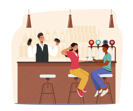 酒吧里 调酒师与开心聊天的客人平面插图