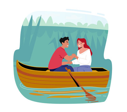 情侣在湖上小船里约会平面插图
