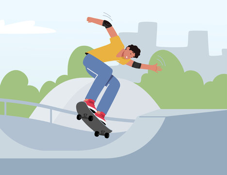 爆炸头青少年在公园用滑板跳跃插图