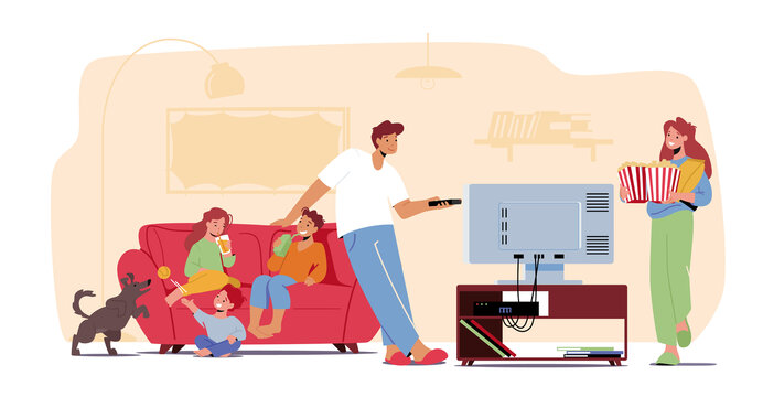 家人一起在家看电视享受假期 平面插图