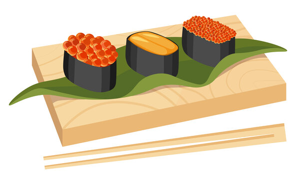木质托盘上的军舰寿司 平面插图
