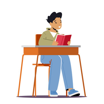 男孩坐在课桌前读书平面插图