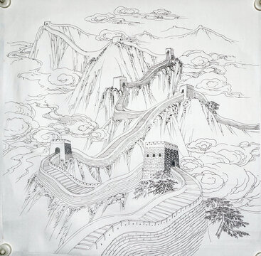 线描长城山水画