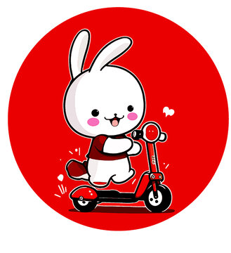 红色背景兔子玩滑板车