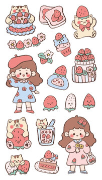 可爱手绘草莓女孩和猫咪贴纸