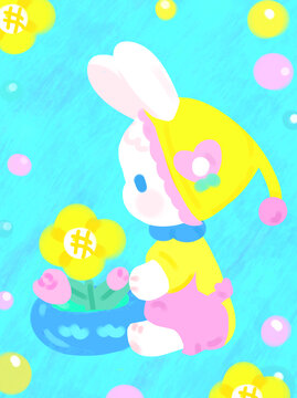 可爱卡通背景小白兔种花素材