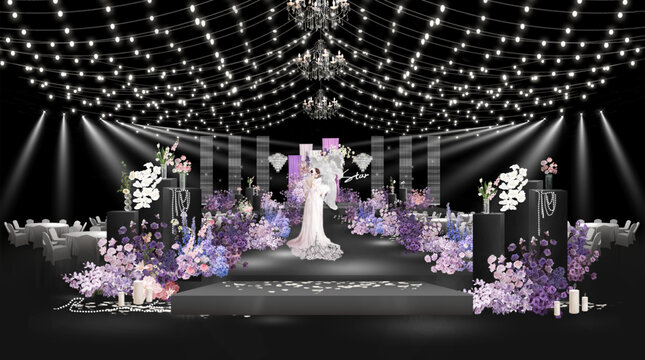 韩式粉紫色布幔水晶婚礼效果图