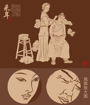 古代采耳养生插画线稿图