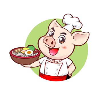 卡通可爱小猪厨师端碗面半身