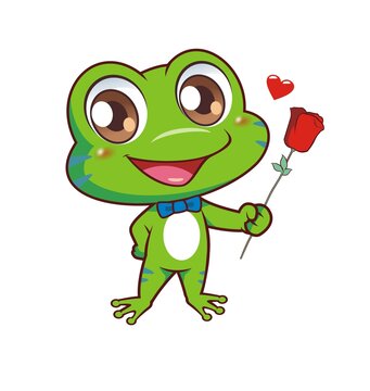 卡通可爱小青蛙拿枝玫瑰花