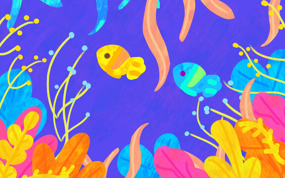 可爱卡通背景海底珊瑚小鱼素材