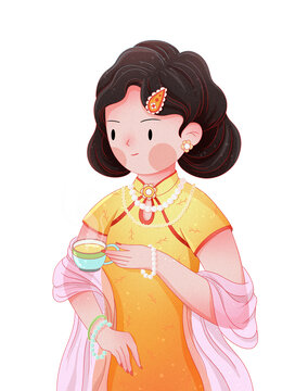 中国风穿黄色旗袍喝茶的女孩