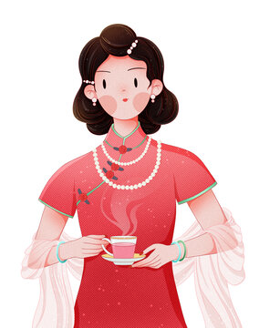 中国风穿红色旗袍喝茶的女孩