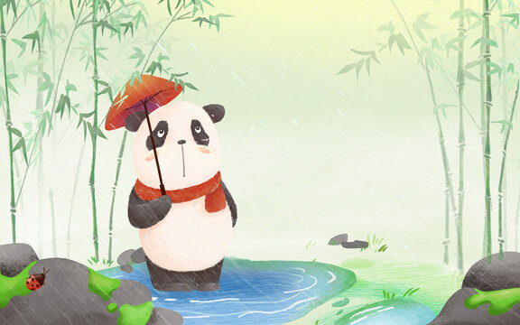 谷雨节气熊猫竹子插画