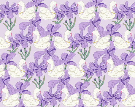天鹅紫色花卉家纺布料印花图案