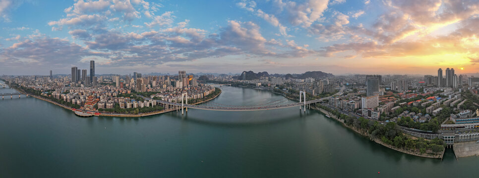 广西柳州红光大桥夕阳全景航拍