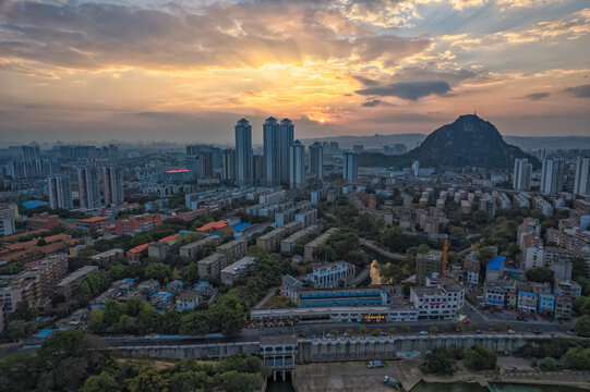 广西柳州城市建筑夕阳晚霞航拍