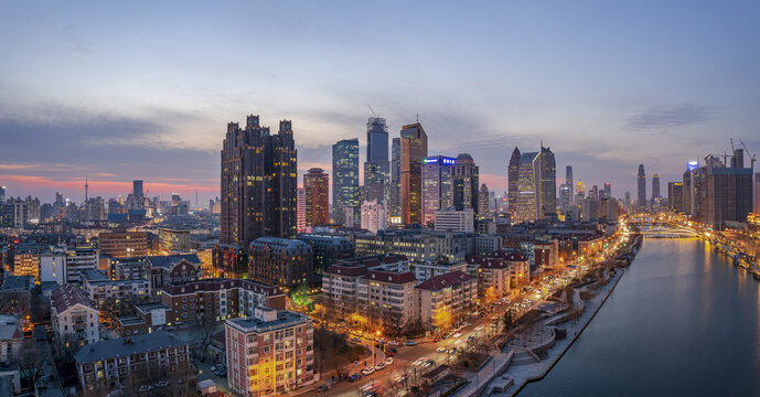 天津海河小白楼商圈城市夜景