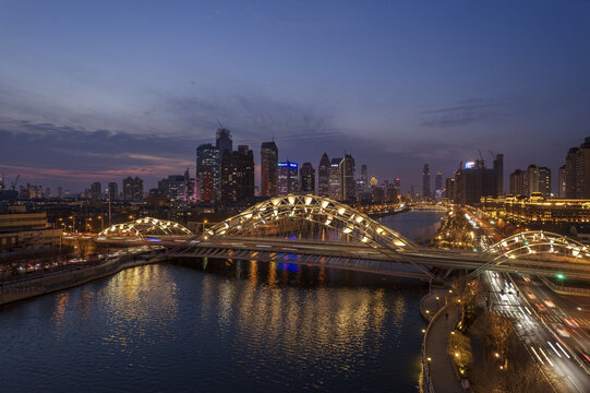 天津海河直沽桥城市夜景航拍