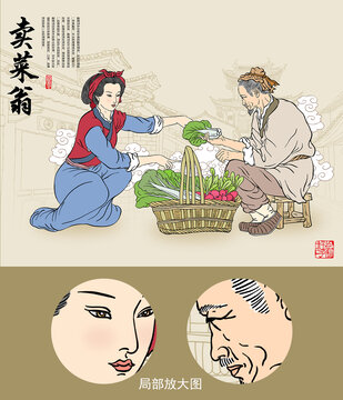 古代卖菜人物插画