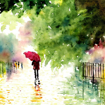 雨中漫步水彩画