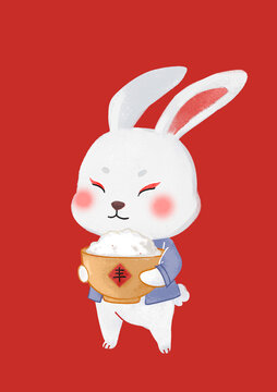 手绘卡通兔子抱着米饭丰收插画