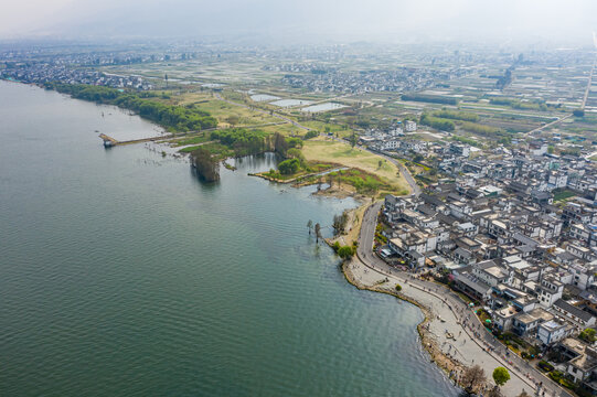 航拍云南大理洱海生态廊道美景