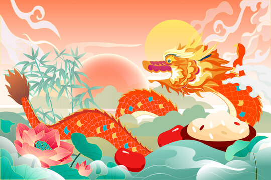 中国传统节日端午节赛龙舟插画